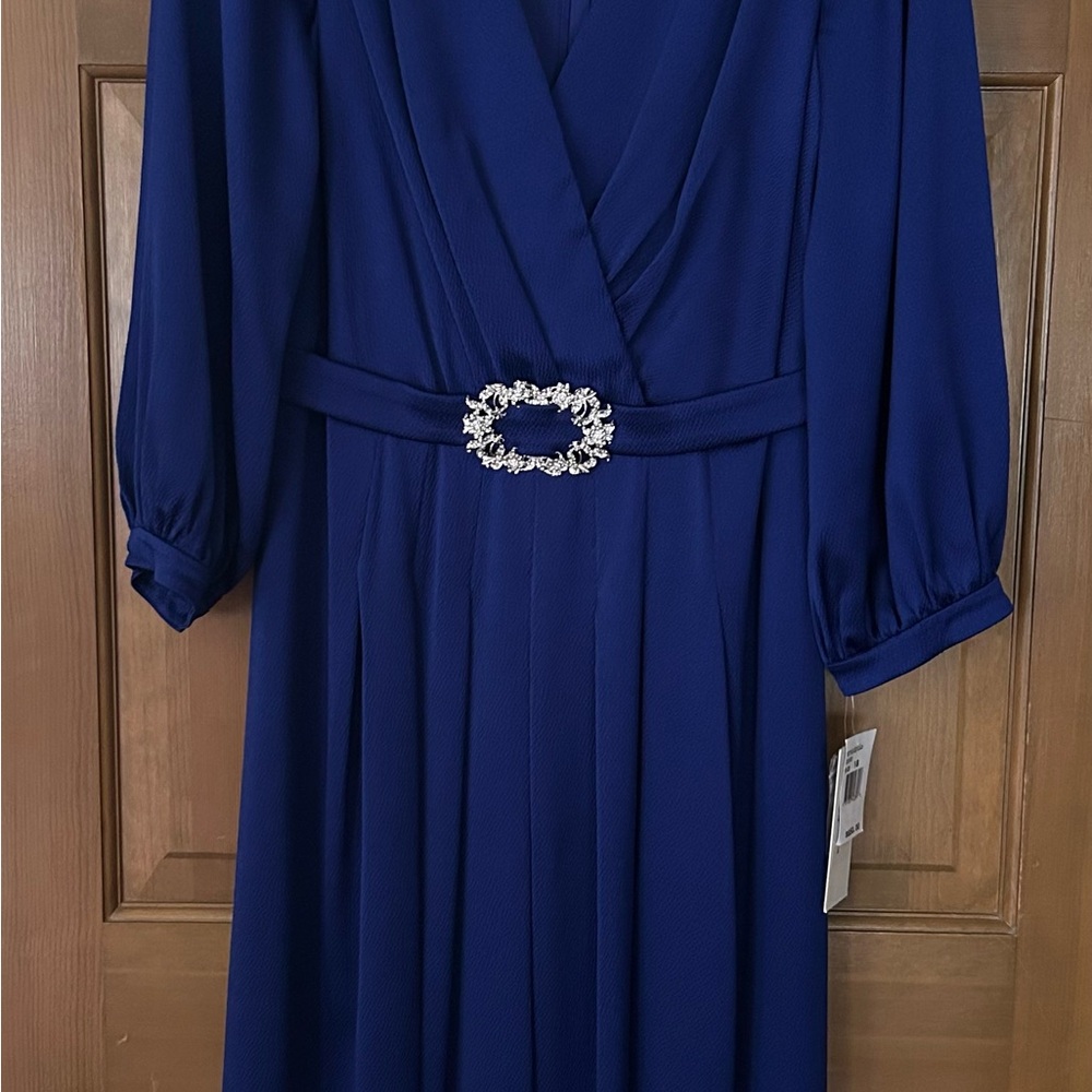 Teri Jon Royal Blue Long Sleeve Dress with Embellished Belt